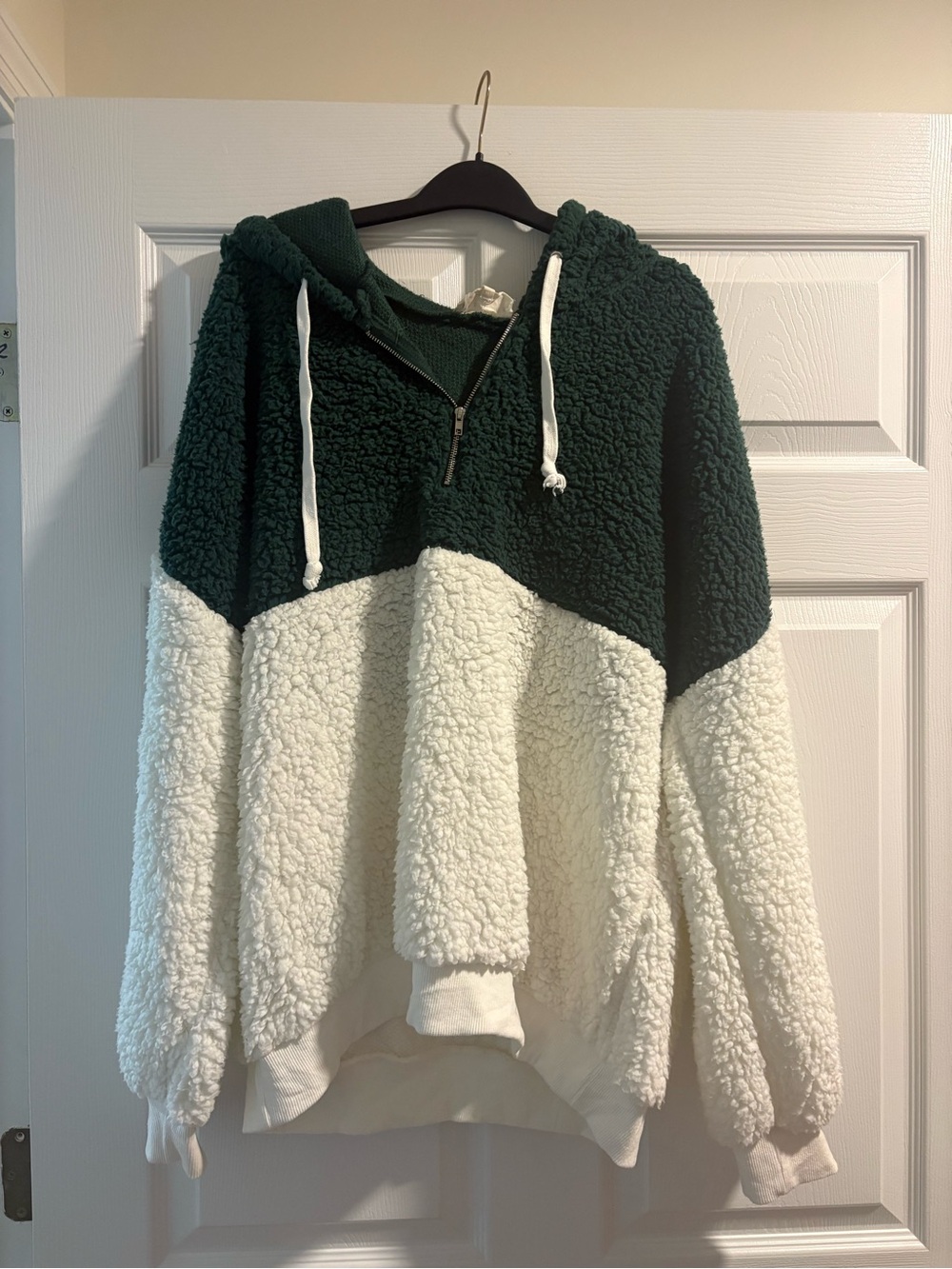 Cozy Sherpa Half-Zip Hoodie in Forest Green & Cream